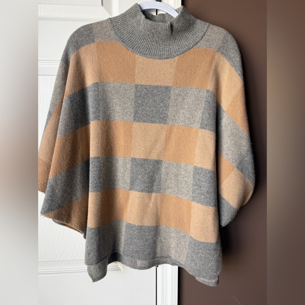 Striped Mock Neck Poncho Sweater - Gray & Camel